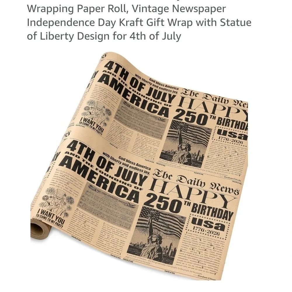 USA 250th Birthday Vintage Newspaper Kraft Wrapping‎ Paper 17in Patriotic Roll